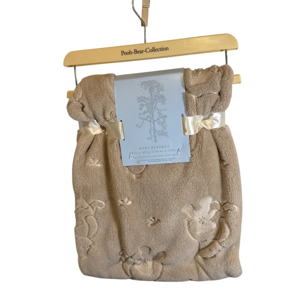 Disney Winnie the Pooh Bear Collection Tan Embossed Baby Blanket 30x40 Plush NEW